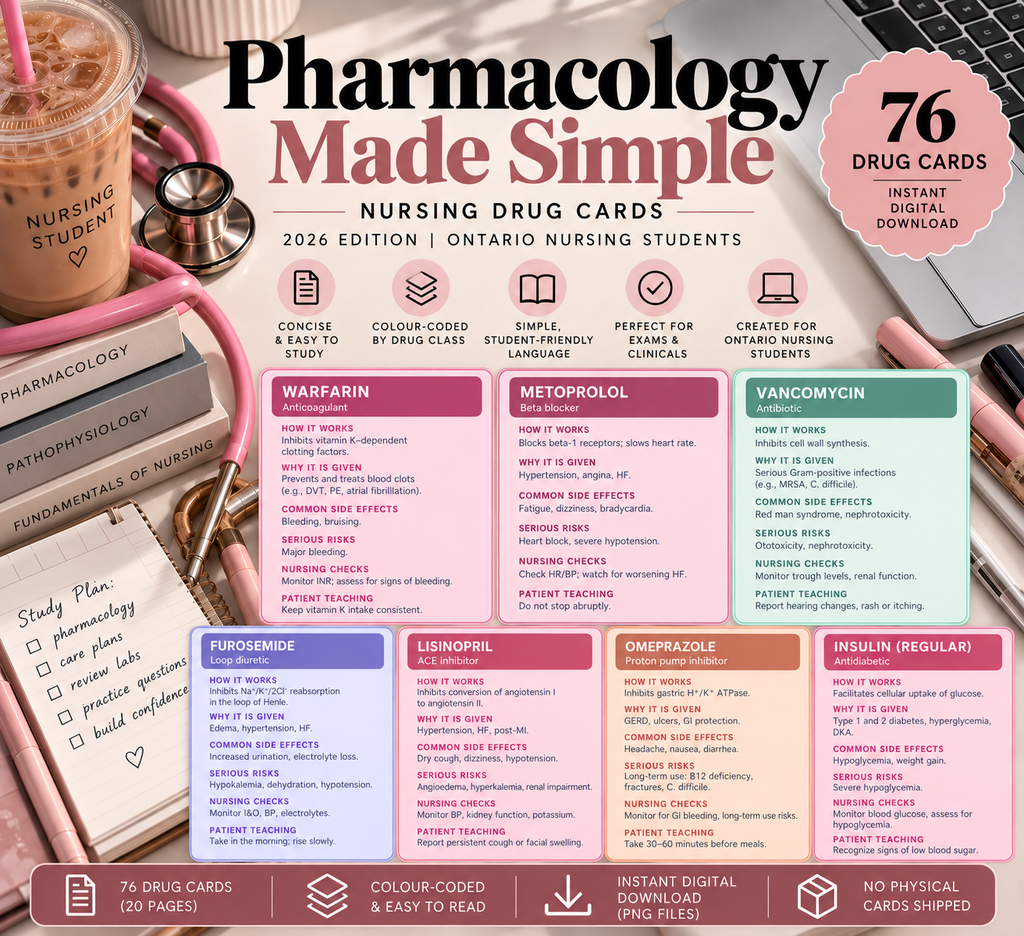 Pharmacology Made Simple Nursing Edition cover showing 76 colour-coded drug cards across 20 pages, digital PNG download with no physical cards shipped.